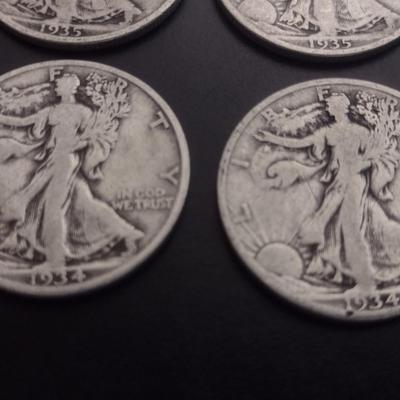 Set of 6 1930's U.S. Mint Walking Liberty Silver Half-Dollars Circulated (#111)