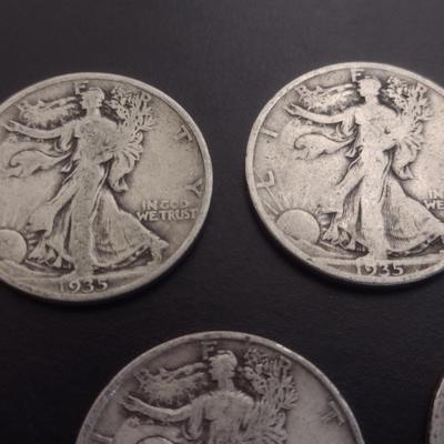 Set of 5 1930's U.S. Mint Walking Liberty Silver Half-Dollars Circulated (#112)