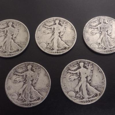 Set of 5 1930's U.S. Mint Walking Liberty Silver Half-Dollars Circulated (#112)