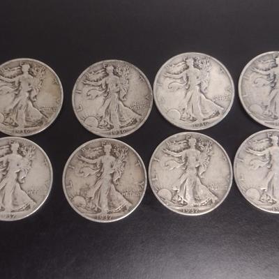 Set of 8 1930's U.S. Mint Walking Liberty Silver Half-Dollars Circulated (#113)