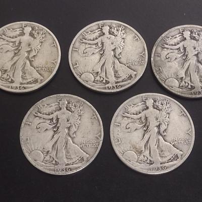 Set of 5 1930's U.S. Mint Walking Liberty Silver Half-Dollars Circulated (#114)