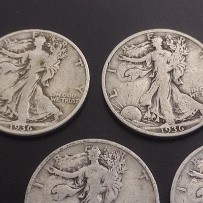Set of 5 1930's U.S. Mint Walking Liberty Silver Half-Dollars Circulated (#114)