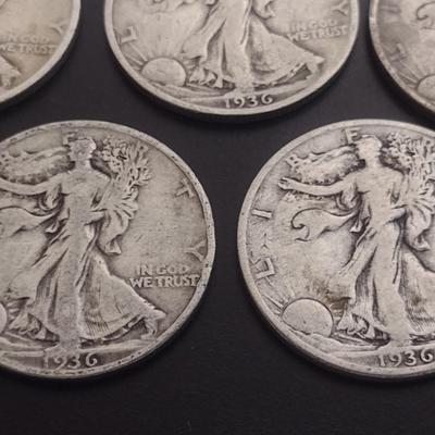 Set of 5 1930's U.S. Mint Walking Liberty Silver Half-Dollars Circulated (#114)