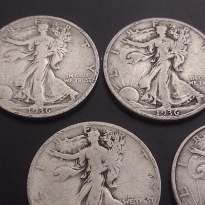 Set of 5 1930's U.S. Mint Walking Liberty Silver Half-Dollars Circulated (#115)