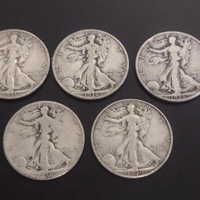 Set of 5 1930's U.S. Mint Walking Liberty Silver Half-Dollars Circulated (#115)