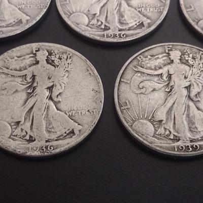 Set of 5 1930's U.S. Mint Walking Liberty Silver Half-Dollars Circulated (#115)