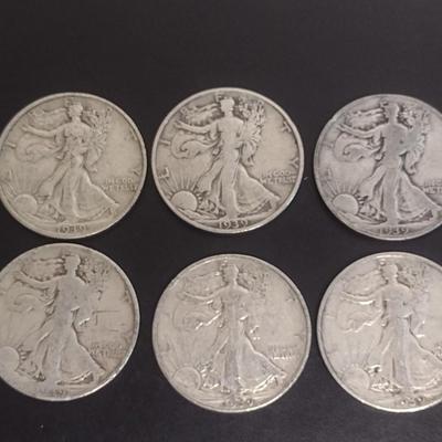 Set of 6 1930's U.S. Mint Walking Liberty Silver Half-Dollars Circulated (#116)