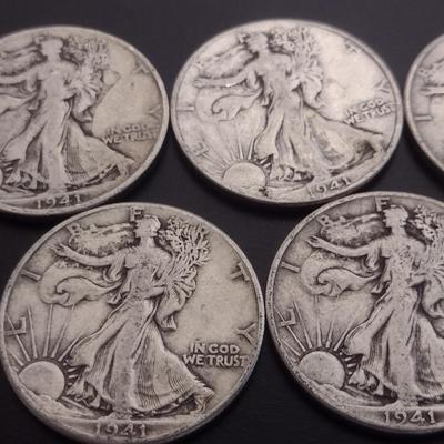 Set of 7 1940's U.S. Mint Walking Liberty Silver Half-Dollars Circulated (#117)