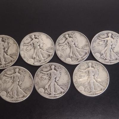 Set of 7 1940's U.S. Mint Walking Liberty Silver Half-Dollars Circulated (#117)