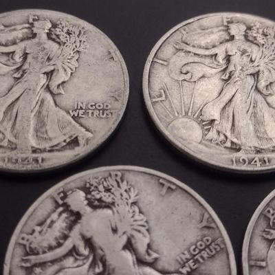 Set of 5 1940's U.S. Mint Walking Liberty Silver Half-Dollars Circulated (#118)