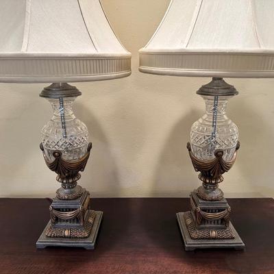 Pair of Decorative Lamps with Patterned Glass Bases & Shades