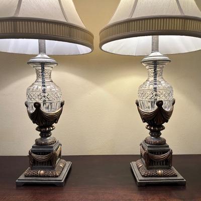 Pair of Decorative Lamps with Patterned Glass Bases & Shades