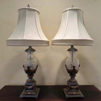 Pair of Decorative Lamps with Patterned Glass Bases & Shades