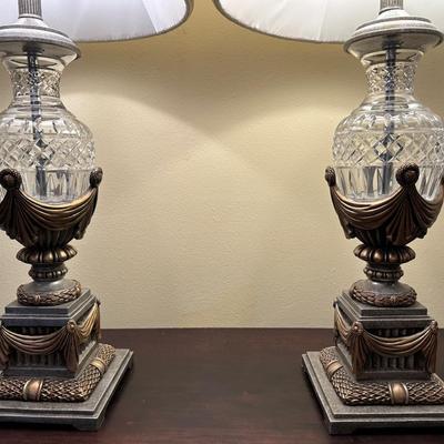 Pair of Decorative Lamps with Patterned Glass Bases & Shades