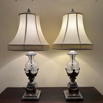 Pair of Decorative Lamps with Patterned Glass Bases & Shades