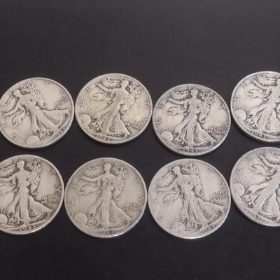 Set of 8 1940's U.S. Mint Walking Liberty Silver Half-Dollars Circulated (#121)