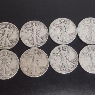 Set of 8 1940's U.S. Mint Walking Liberty Silver Half-Dollars Circulated (#122)