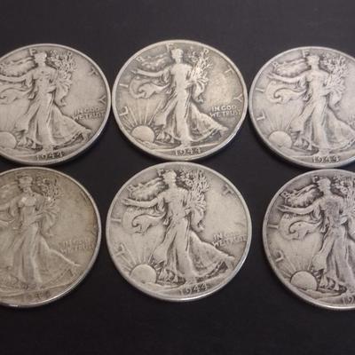 Set of 6 1940's U.S. Mint Walking Liberty Silver Half-Dollars Circulated (#123)