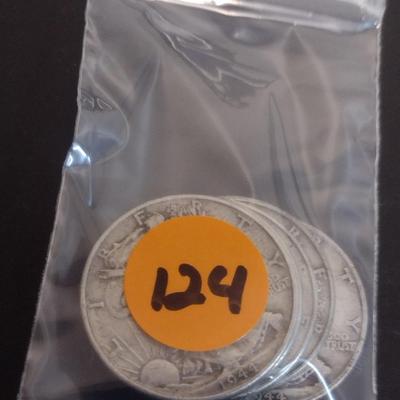 Set of 5 1940's U.S. Mint Walking Liberty Silver Half-Dollars Circulated (#124)