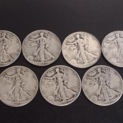 Set of 7 1940's U.S. Mint Walking Liberty Silver Half-Dollars Circulated (#125)