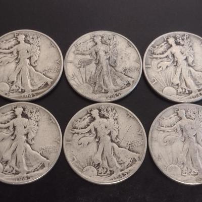 Set of 6 1940's U.S. Mint Walking Liberty Silver Half-Dollars Circulated (#126)
