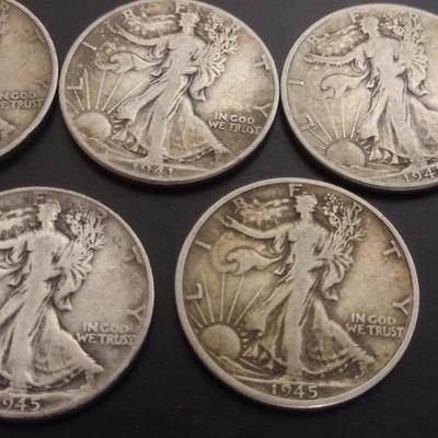 Set of 7 1940's U.S. Mint Walking Liberty Silver Half-Dollars Circulated (#127)