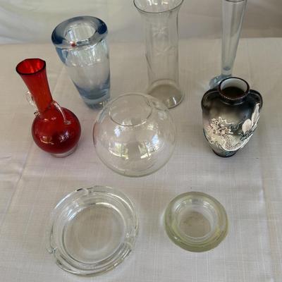 Glass containers, flower vases, glass ash tray,