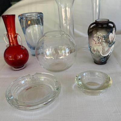 Glass containers, flower vases, glass ash tray,