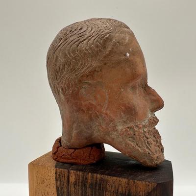 Terracotta Bust of Bearded Man on Wood Base