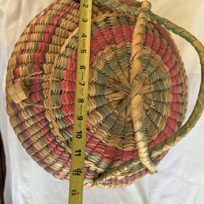 Native American coiled basket with lid/handle