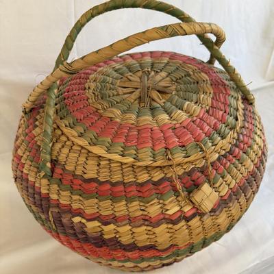 Native American coiled basket with lid/handle