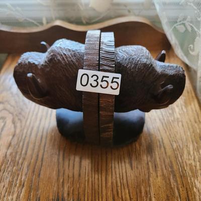 Pair Wood Carved Bison Bookends