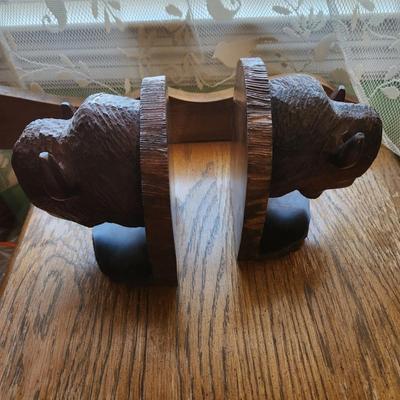 Pair Wood Carved Bison Bookends