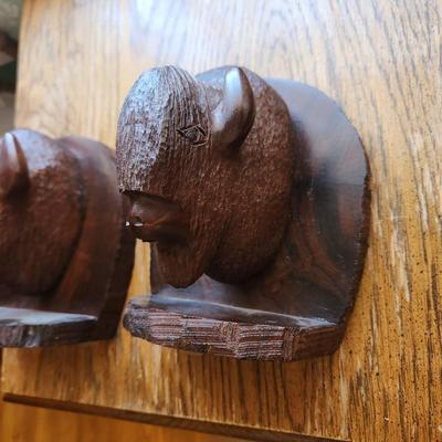 Pair Wood Carved Bison Bookends