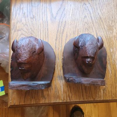 Pair Wood Carved Bison Bookends
