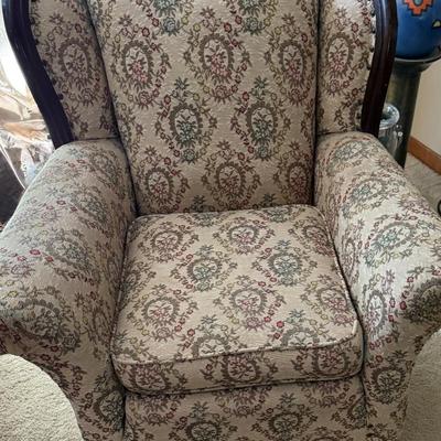 Vintage Wingback floral chair, wood trim
