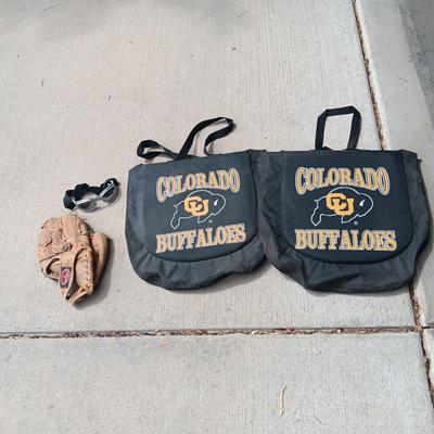 CU BUFFS PADDED BLEACHER SEATS THAT ARE ALSO CARRY TOTES PLUS SAFETY GLASSES AND BASEBALL MITT