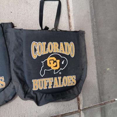 CU BUFFS PADDED BLEACHER SEATS THAT ARE ALSO CARRY TOTES PLUS SAFETY GLASSES AND BASEBALL MITT