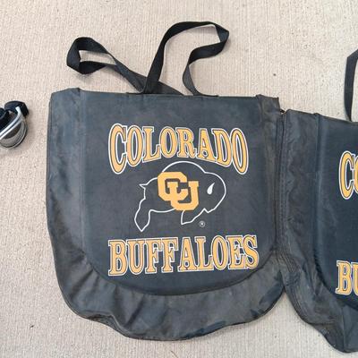 CU BUFFS PADDED BLEACHER SEATS THAT ARE ALSO CARRY TOTES PLUS SAFETY GLASSES AND BASEBALL MITT