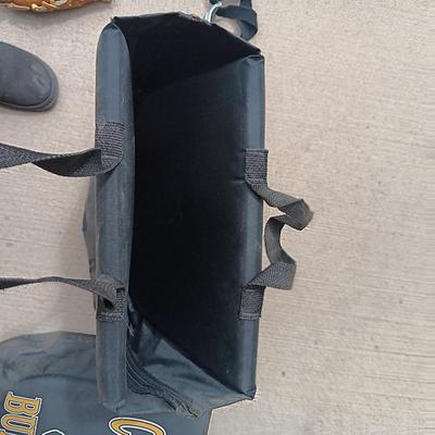 CU BUFFS PADDED BLEACHER SEATS THAT ARE ALSO CARRY TOTES PLUS SAFETY GLASSES AND BASEBALL MITT