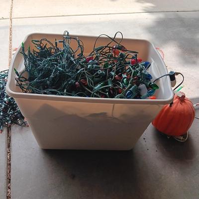 TOTE FULL OF INDOOR/OUTDOOR CHRISTMAS LIGHTS, LIGHTED SIGN AND A PUMPKIN