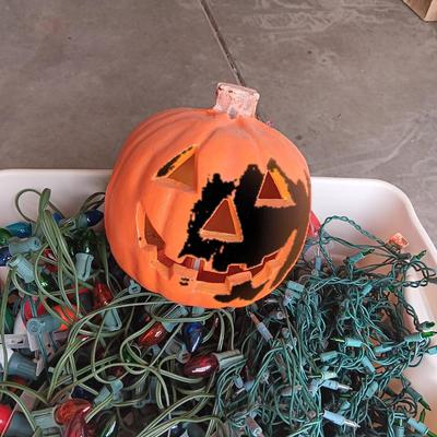 TOTE FULL OF INDOOR/OUTDOOR CHRISTMAS LIGHTS, LIGHTED SIGN AND A PUMPKIN