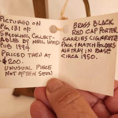 Lot #109 Cool Item! Book Piece - Brass Black Red Cap Porter Figure to hold Cig Pack/Matches = Ashtray - RARE!