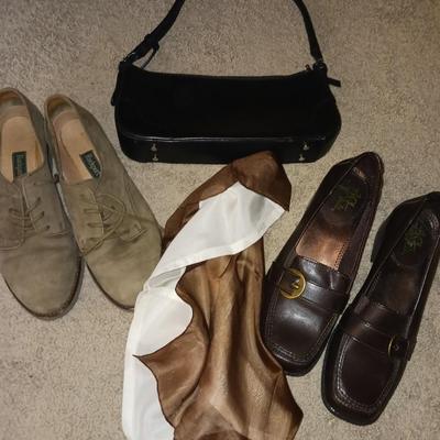 LADIES SHOES (7 1/2), SCARVES AND PURSE
