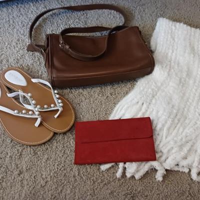 LEATHER COACH PURSE, SANDALS, WALLET AND SCARF