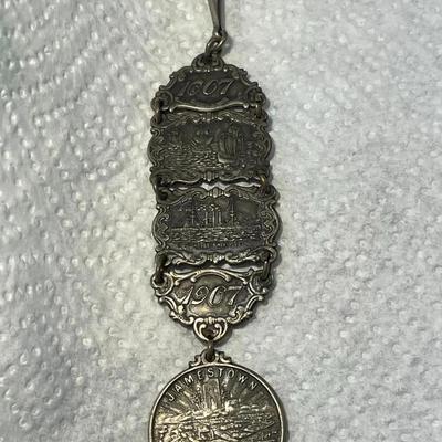 ANTIQUE 1607/1907 JAMESTOWN Ter-Centennial Exposition Silver Watch Fob in Good Preowned Condition.