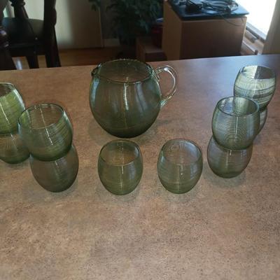 GREEN GLASS PITCHER AND GLASSES