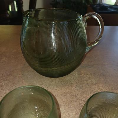 GREEN GLASS PITCHER AND GLASSES