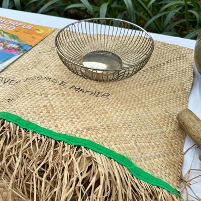 Woven matt Vintage islander, MCM cake stand with cover, Brass dragon bowl