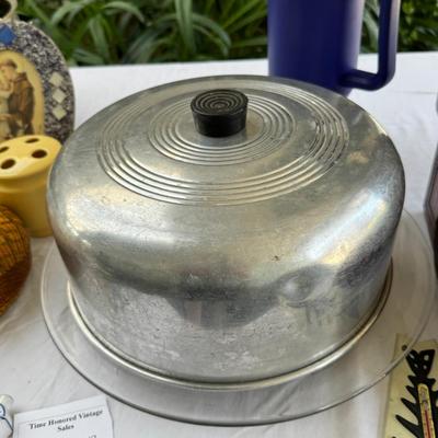 Woven matt Vintage islander, MCM cake stand with cover, Brass dragon bowl